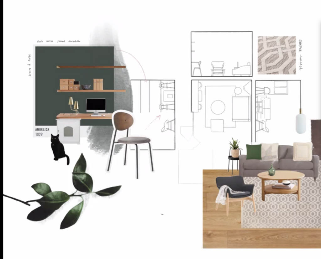 Interior design presentation board done online by a student for her living room