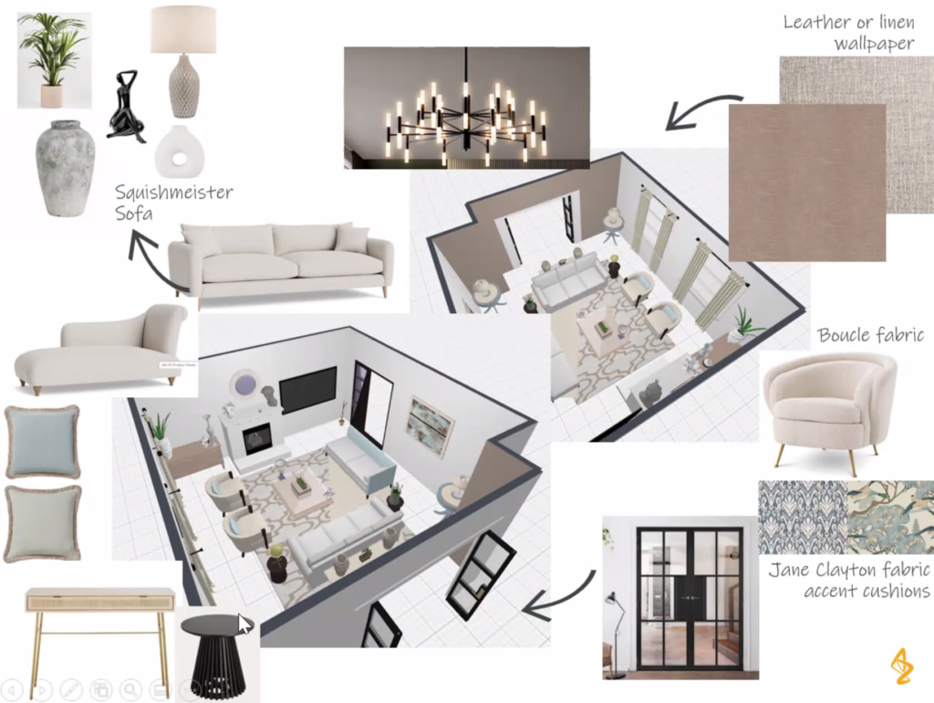 Interior presentation board, cream living room