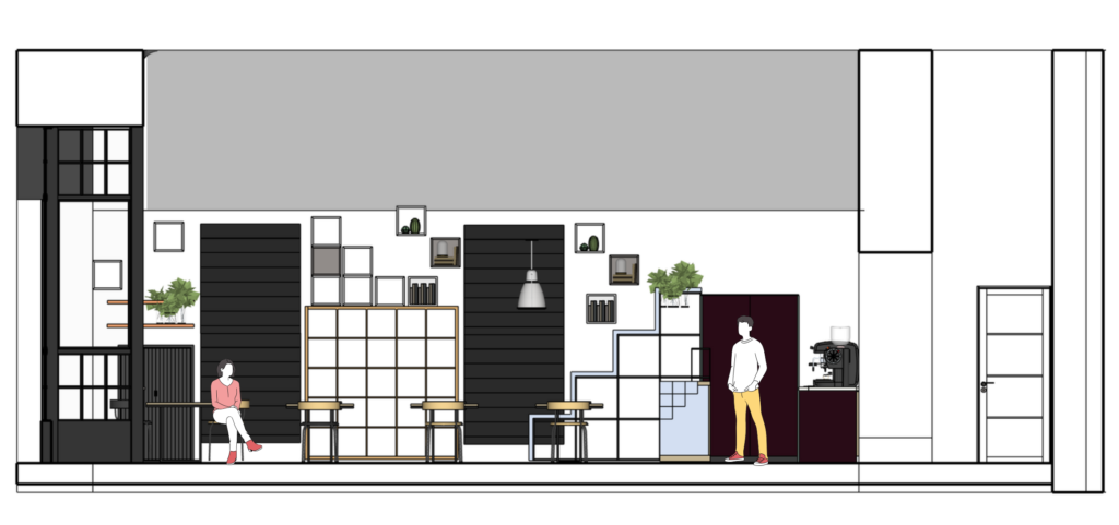 Architectural drawing: Elevation of the retail space at Ancient Robot Games