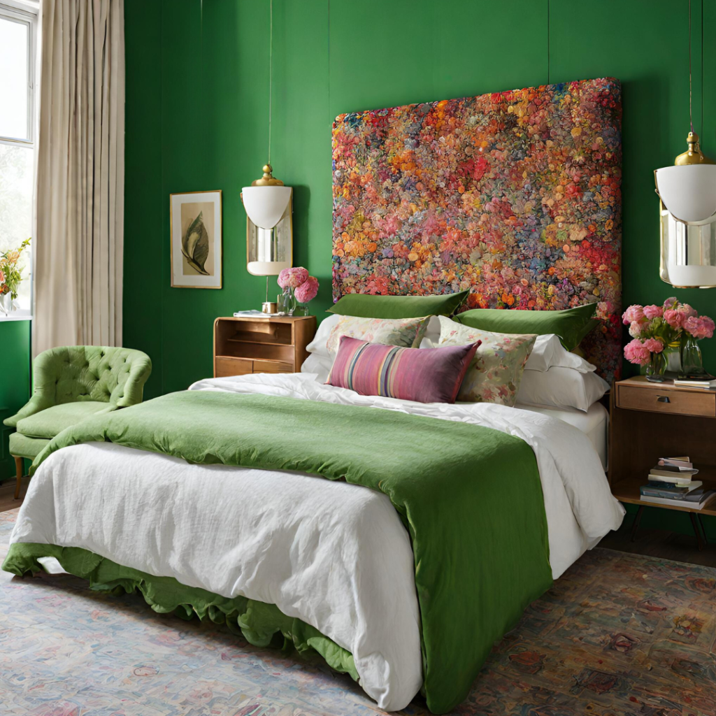 Bedroom design - new town -Edinburgh. Green walls and accessories. Learn to design on skela studio workshops