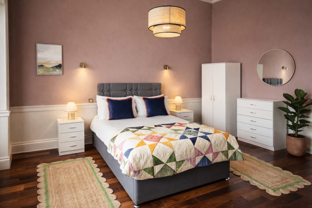 Short term let design in Edinburgh. Bedroom after the design and styling by Aleksandra from Skela Studio