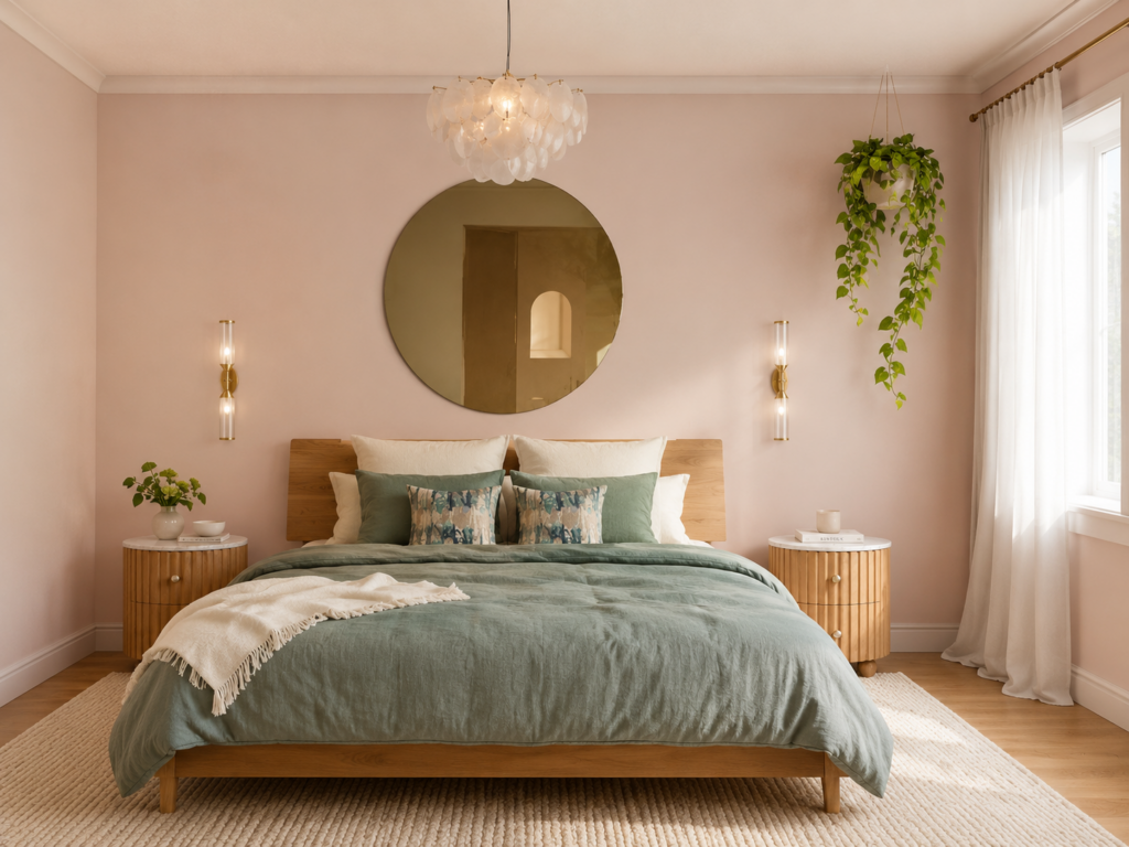 Relaxing bedroom with pale pink walls and oak bed. 